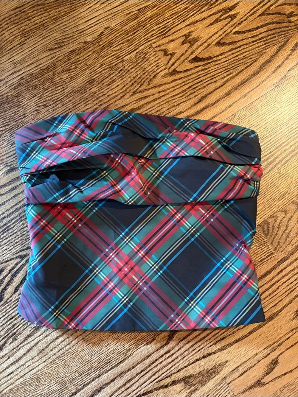 J. Crew Navy Plaid Strapless Tank with Red & Teal Accents